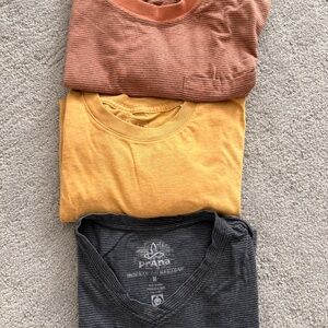 SET of THREE PRANA Mens T Shirts Sz M : Orange stripe, Mustard & charcoal stripe